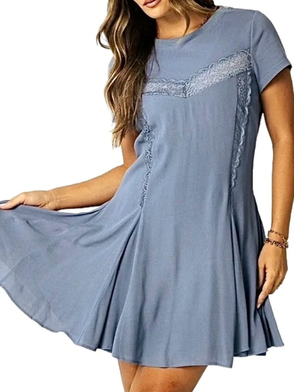 NWT Free People Cruz Mini Dress Dusty Blue Boho Flowy Lace Pockets 4